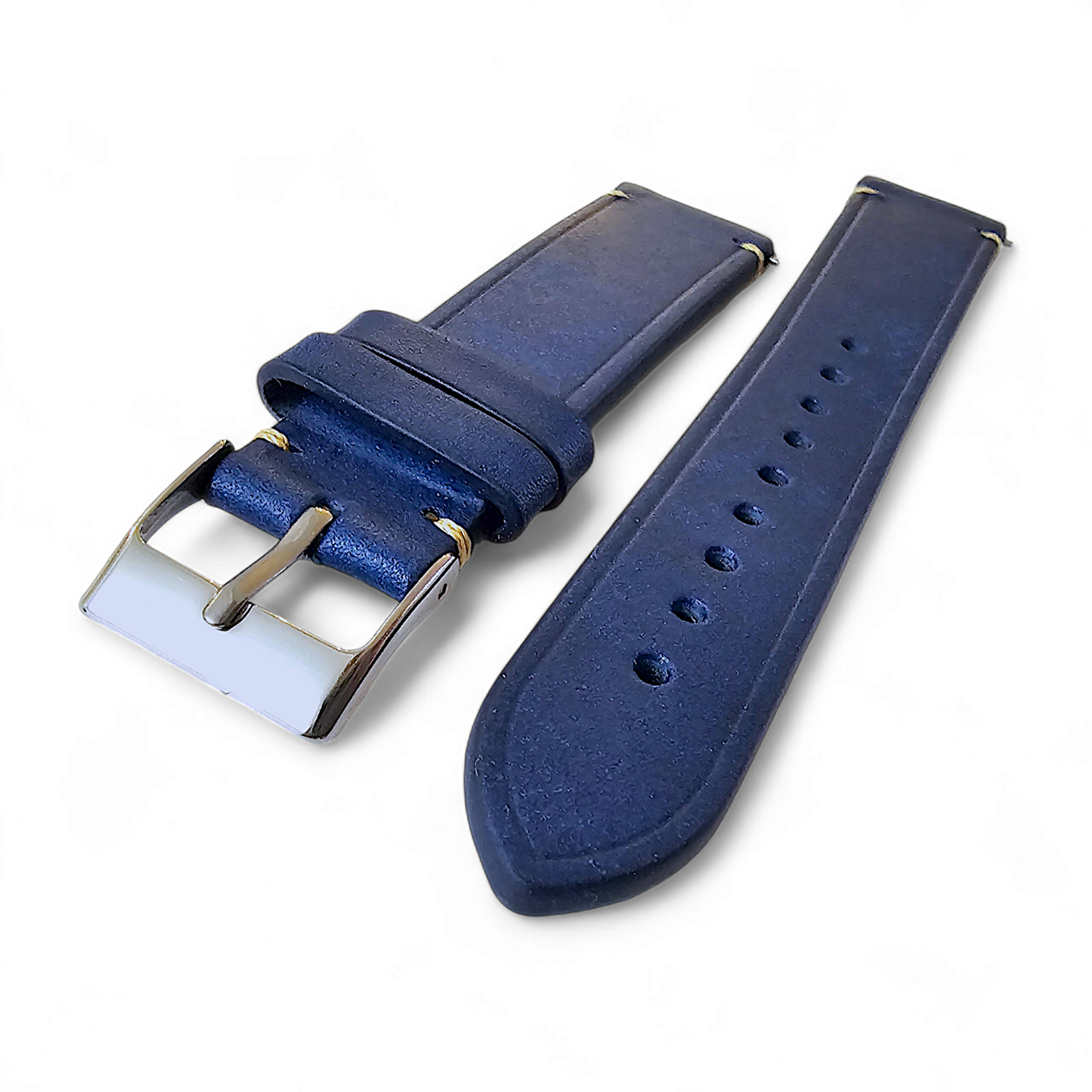 Vegetable Tanned Flat Italian Leather Watch Strap 20mm 22mm Cobalt Blue