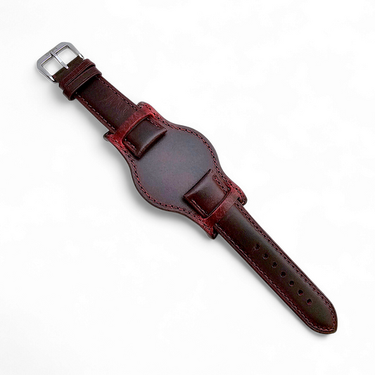 Leather Bund Watch Strap Handmade 20mm 22mm Burgundy Red