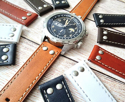 Rivet Stud Pilot Flieger Premium Leather Watch Strap Band 18mm 20mm 22mm 24mm