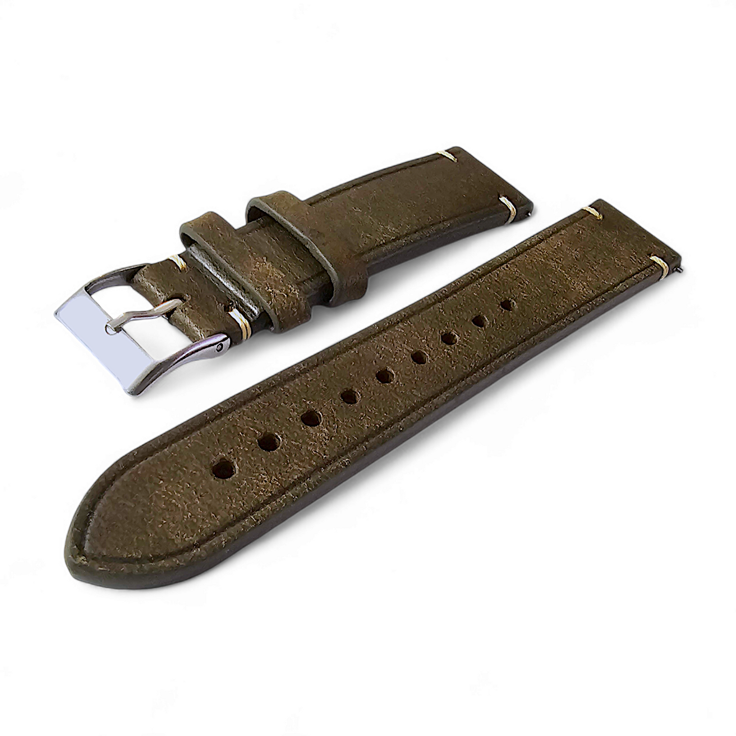 Vegetable Tanned Flat Italian Leather Watch Strap 20mm 22mm Olive Green