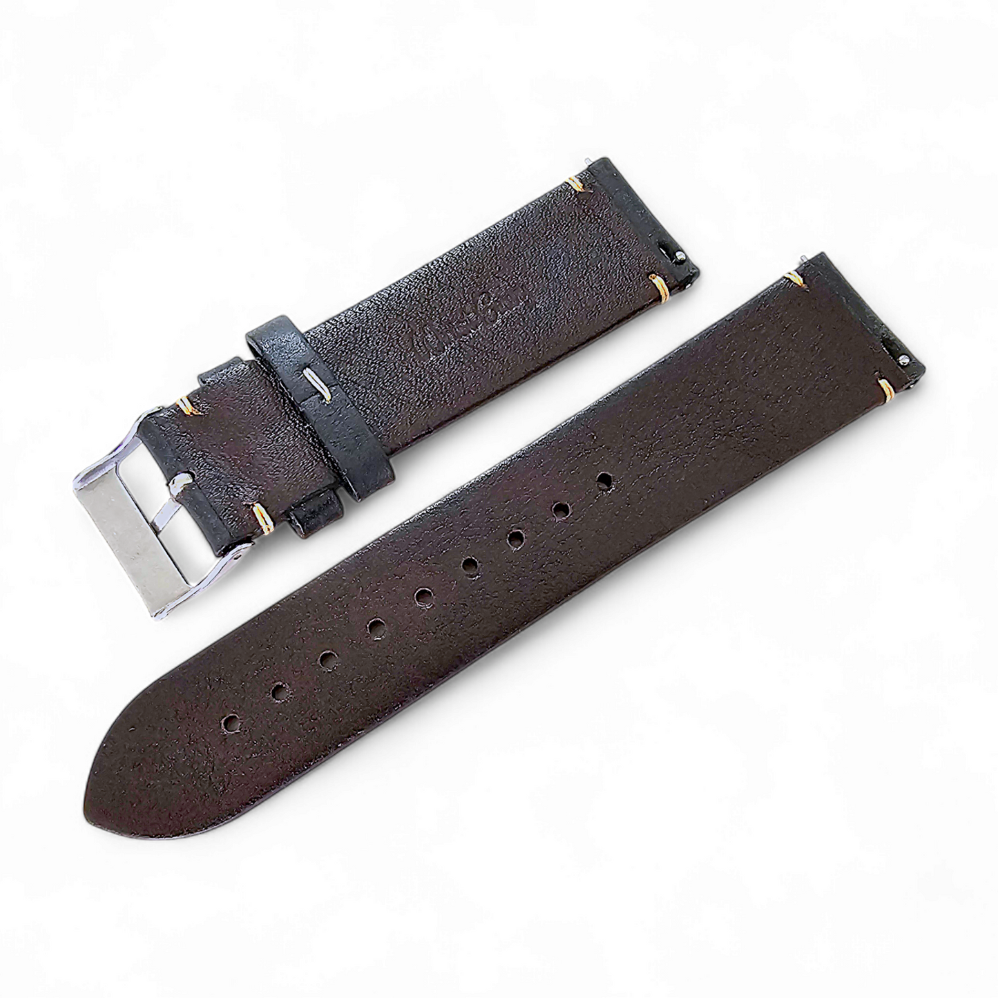 Vegetable Tanned Flat Italian Leather Watch Strap 20mm 22mm Washed Black