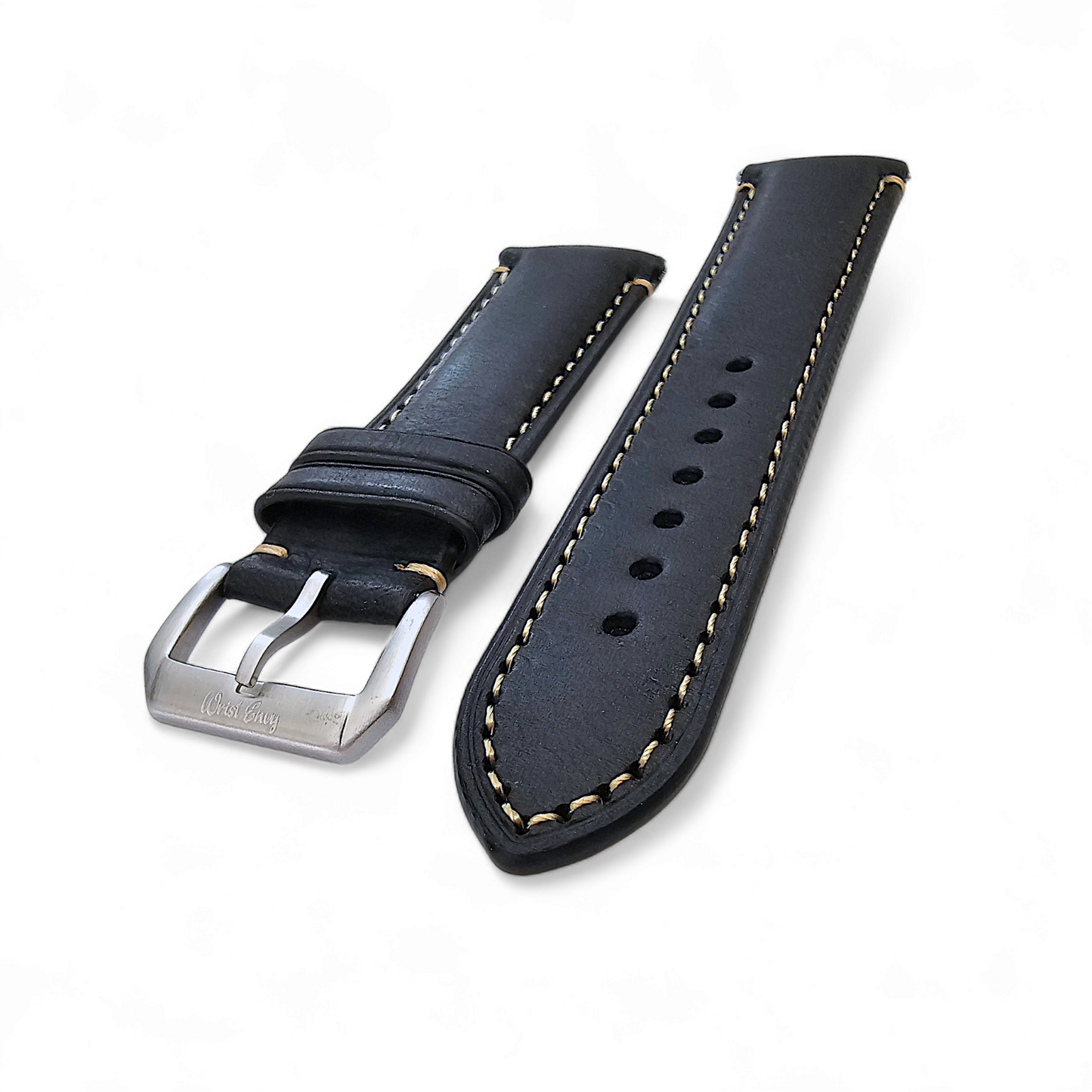 Vegetable Tanned Vintage Italian Leather Watch Strap 20mm 22mm Washed Black