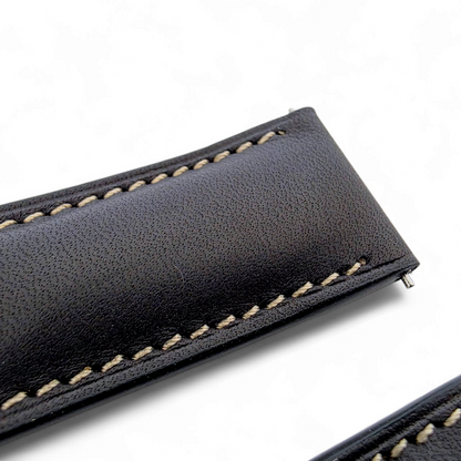 French Novanappa Full Grain Leather Deployment Watch Strap 20mm 22mm Black Cream