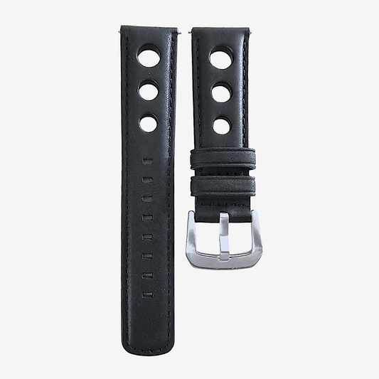 Horween Leather Rally Hole Punched Watch Strap Black 18mm, 20mm, 21mm, 22mm