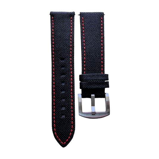 Canvas Watch Strap in Black with Red Stitching 18mm 20mm 22mm 24mm