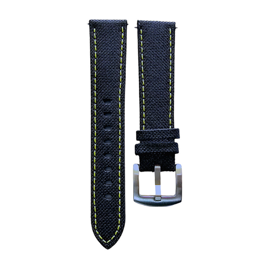Canvas Watch Strap in Black with Yellow Stitching 18mm 20mm 22mm 24mm