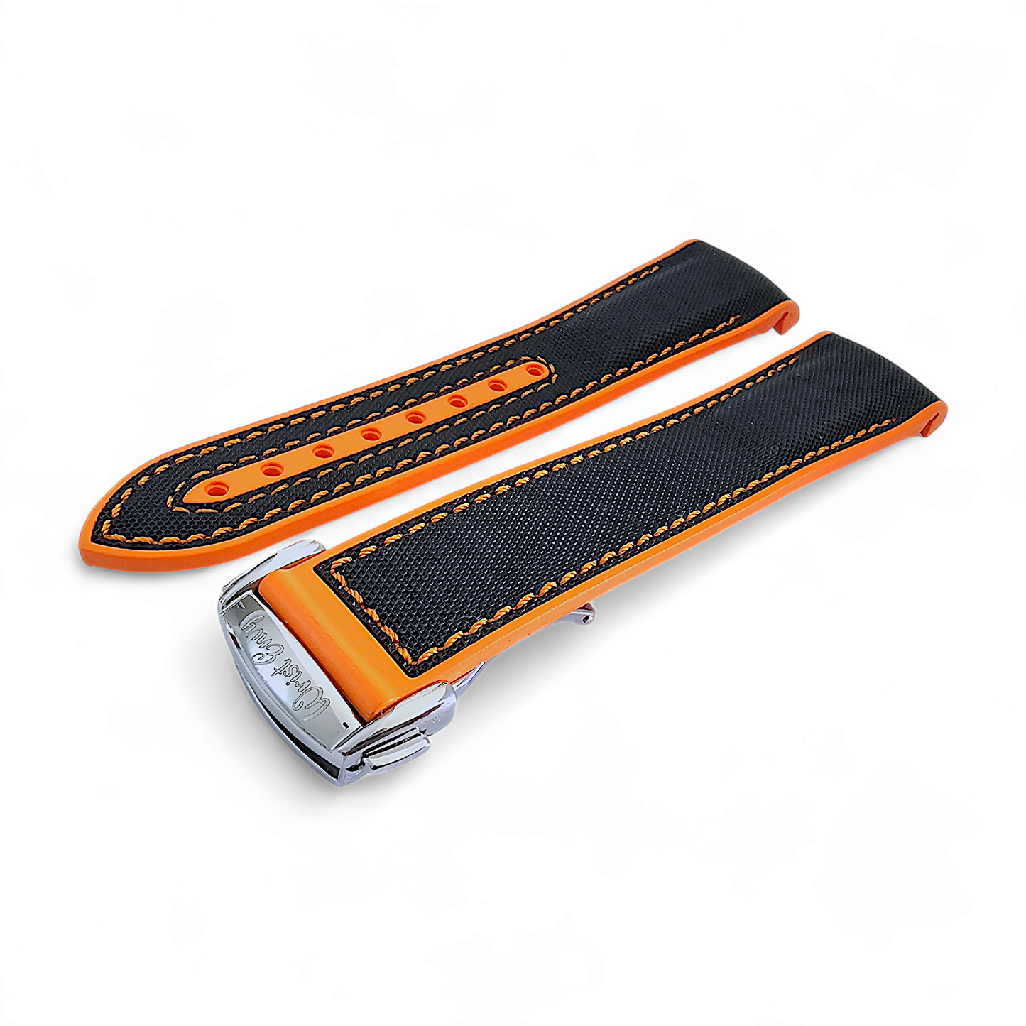 Elite Hybrid FKM Sailcloth Curved End Watch Strap 20mm 21mm 22mm Black Orange