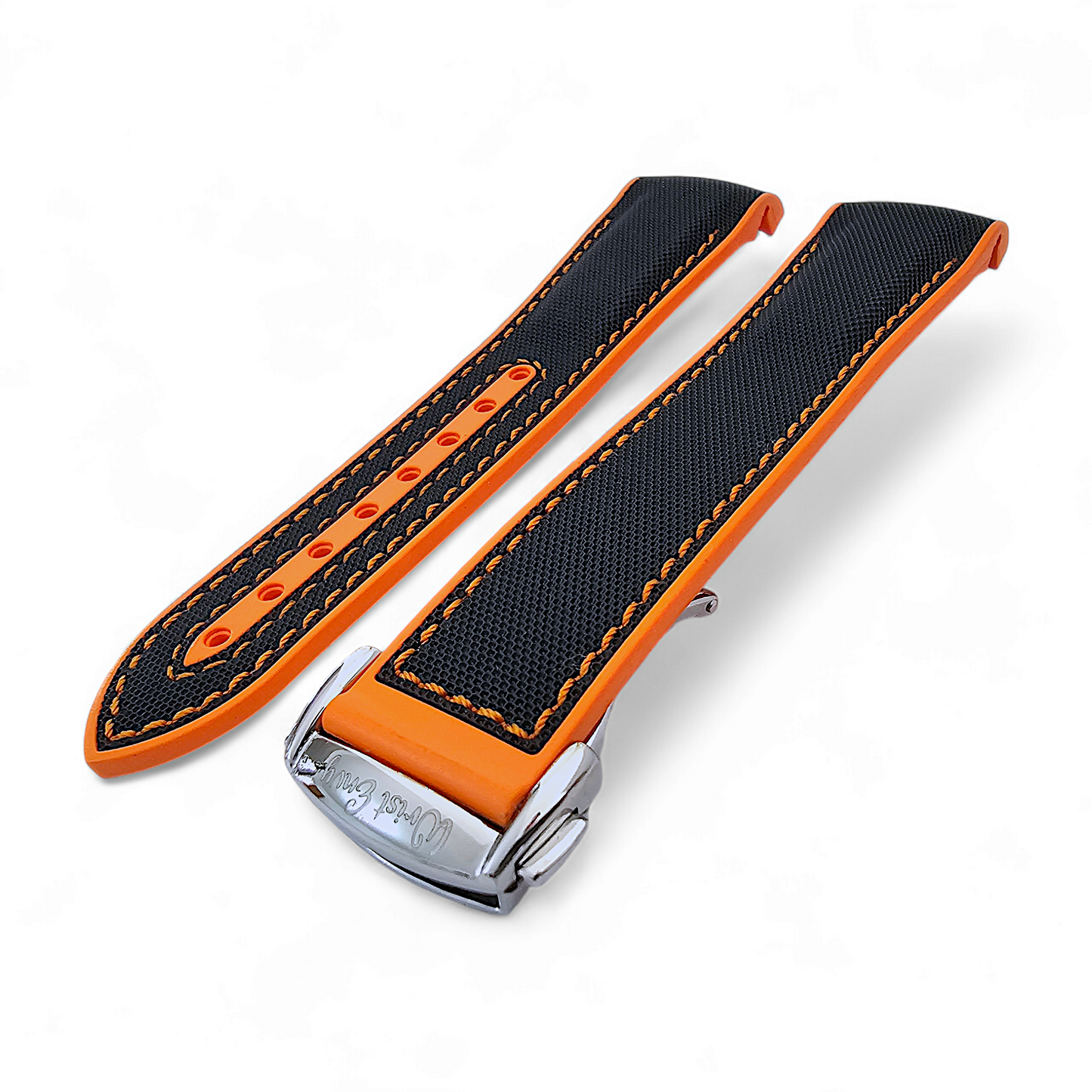 Elite Hybrid FKM Sailcloth Curved End Watch Strap 20mm 21mm 22mm Black Orange