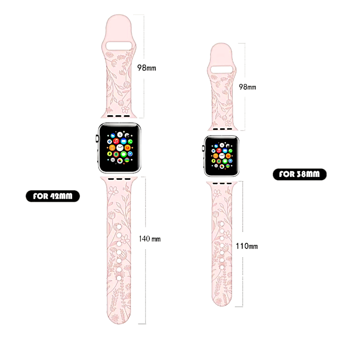 Floral Patterned Silicone Watch Strap For Apple Watch Black