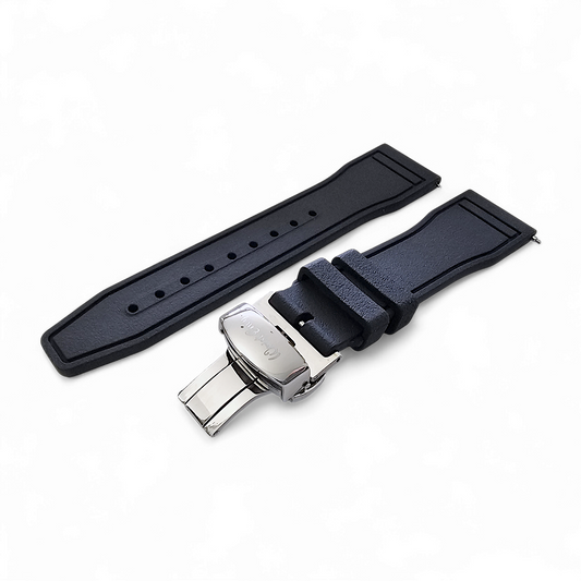 Natural Rubber Pilot Flieger Style Deployment Clasp Watch Strap 20mm 22mm Black