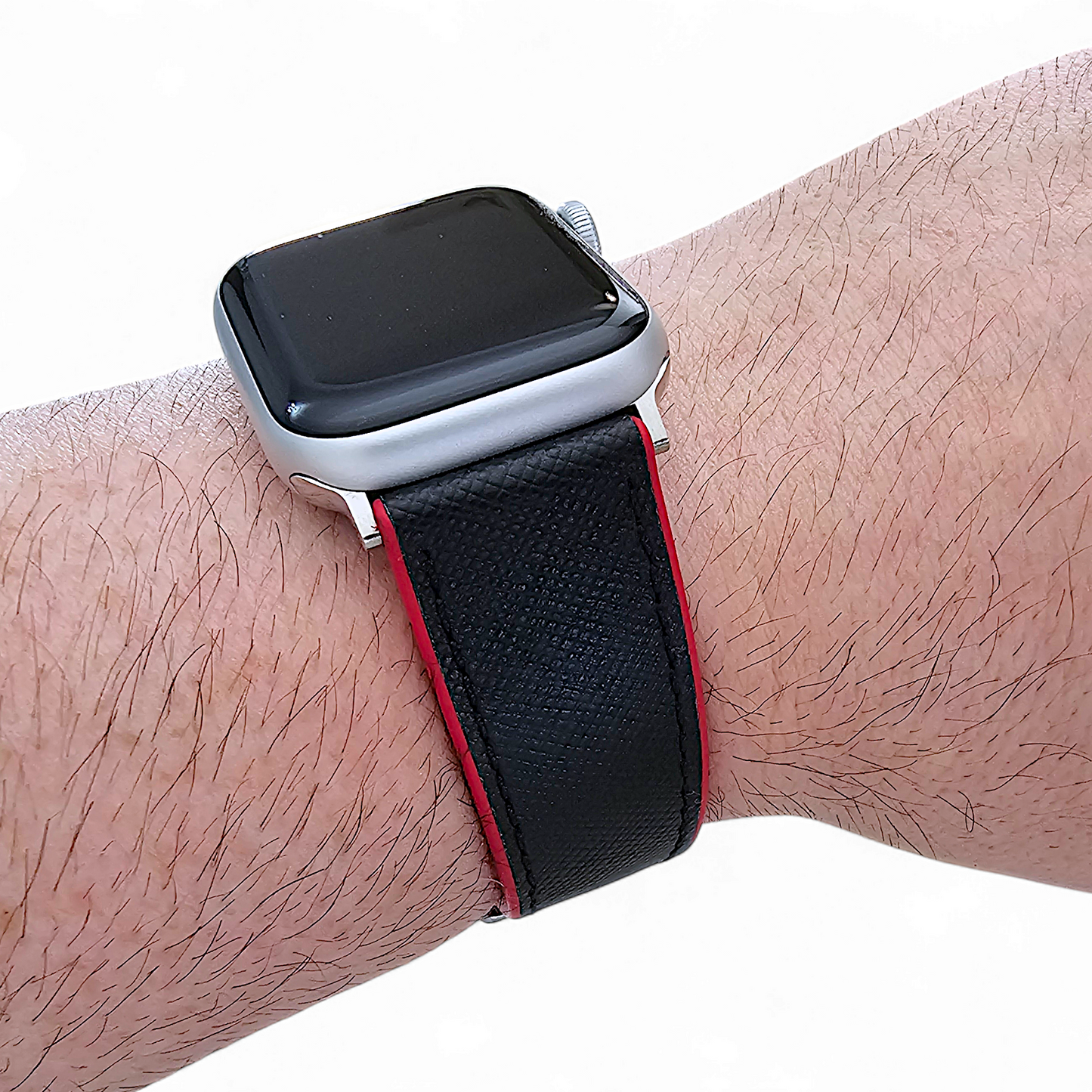 Saffiano Leather & FKM Rubber Watch Strap For Apple IWatch Black Red