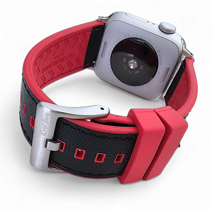 Saffiano Leather & FKM Rubber Watch Strap For Apple IWatch Black Red