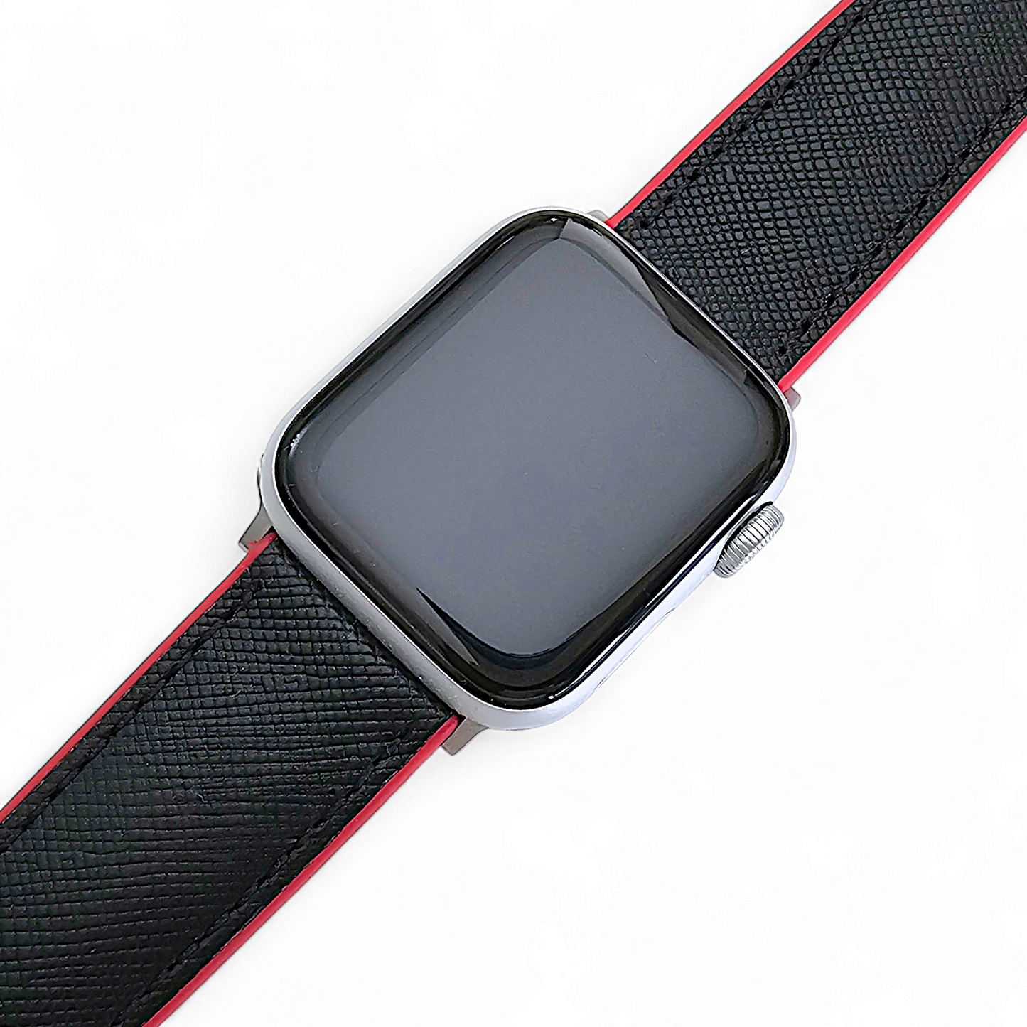 Saffiano Leather & FKM Rubber Watch Strap For Apple IWatch Black Red