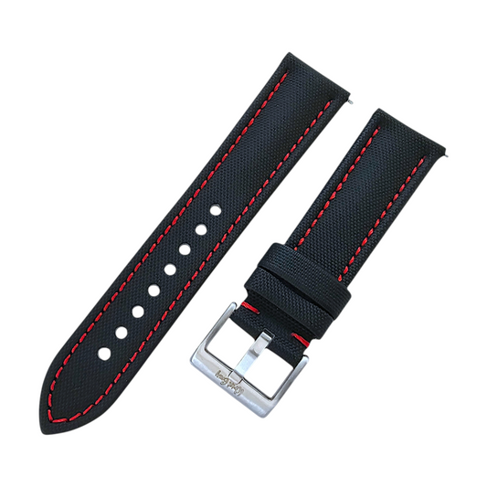 Sailcloth Watch Strap 20mm 22mm Black Red Stitch