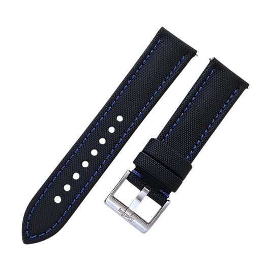 Sailcloth Watch Strap 20mm 22mm Black Blue Stitch