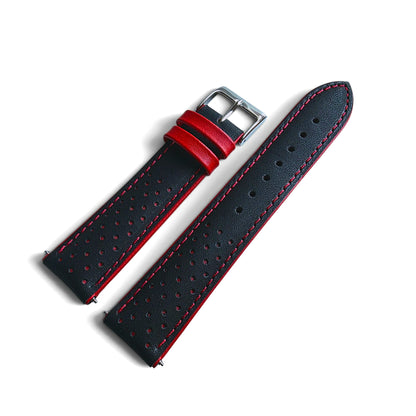 Calfskin Leather Rally Watch Strap 20mm 22mm Black Red