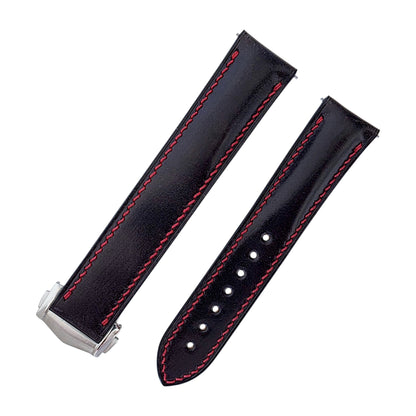 Shell Cordovan Hand Stitched Deployant Leather Strap 20mm Black Red