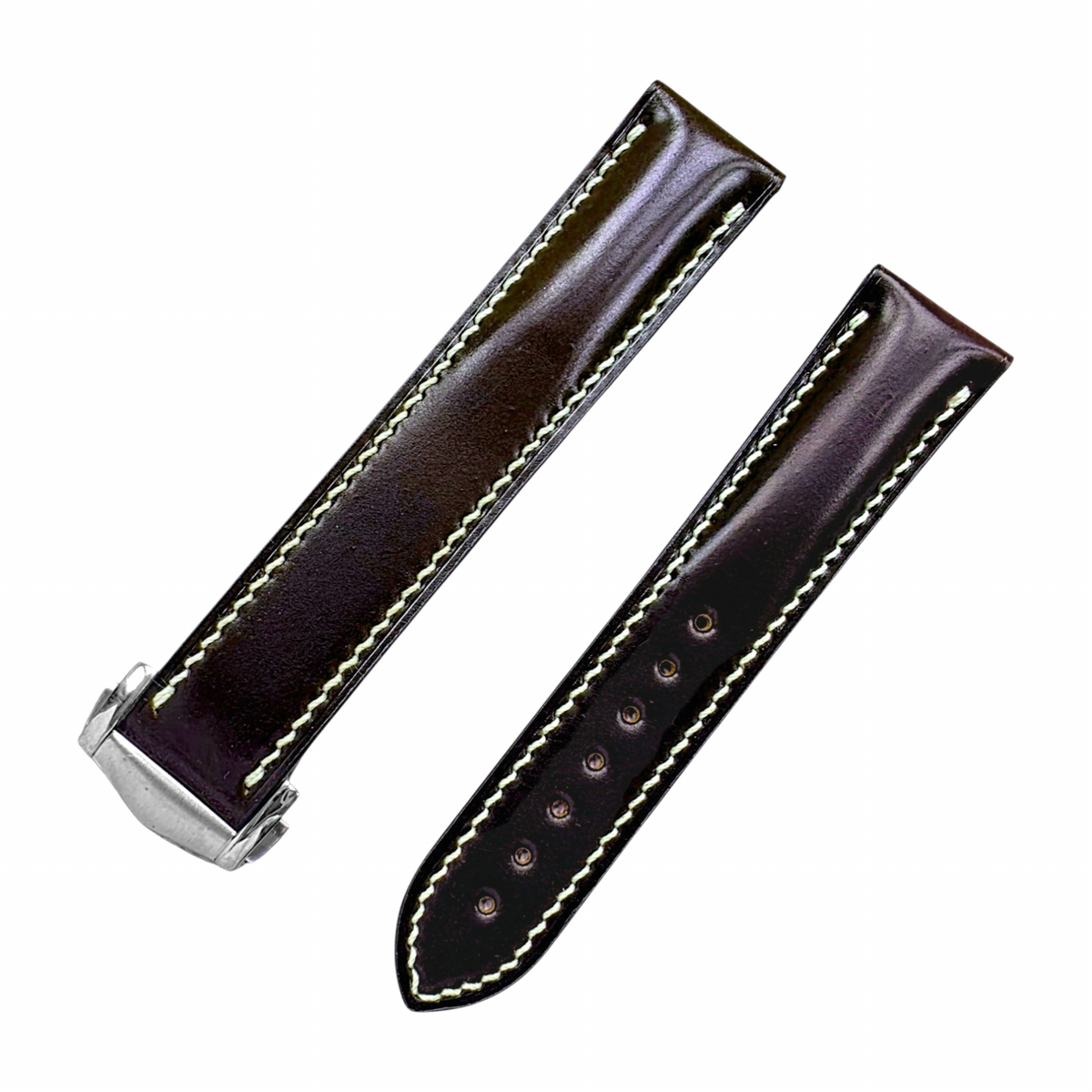 Shell Cordovan Hand Stitched Deployant Leather Strap 20mm Burgundy Bordeaux
