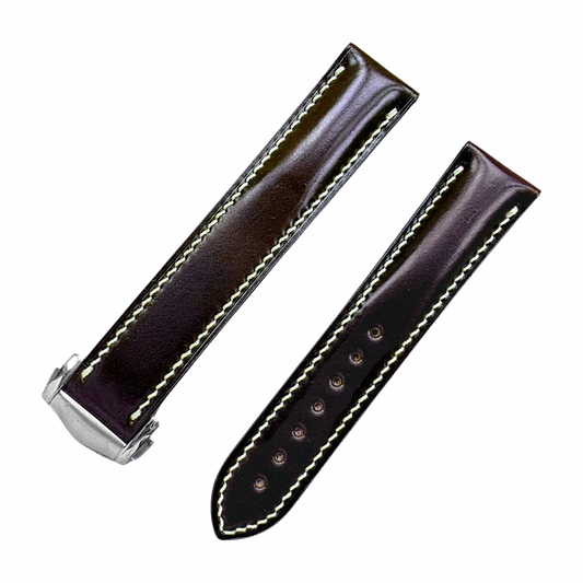 Shell Cordovan Hand Stitched Deployant Leather Strap 20mm Bordeaux