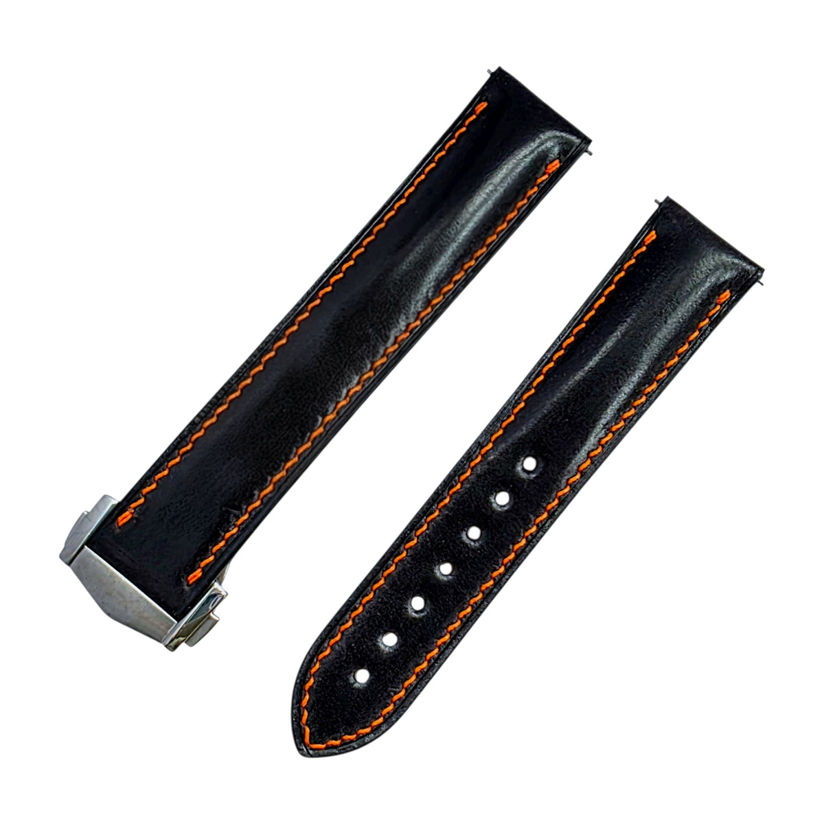Shell Cordovan Hand Stitched Deployant Leather Strap 20mm Black Orange