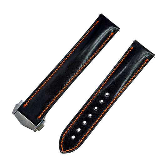Shell Cordovan Hand Stitched Deployant Leather Strap 20mm Black Orange