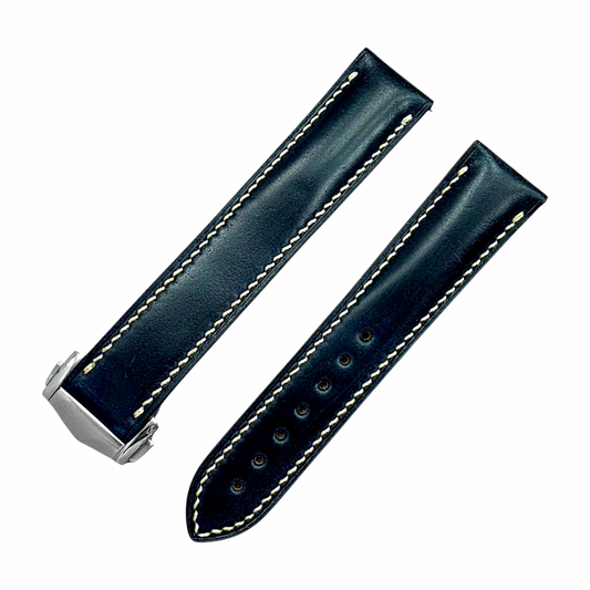 Shell Cordovan Hand Stitched Deployant Leather Strap 20mm Dark Blue