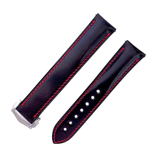 Shell Cordovan Hand Stitched Deployant Leather Strap 20mm Black Red
