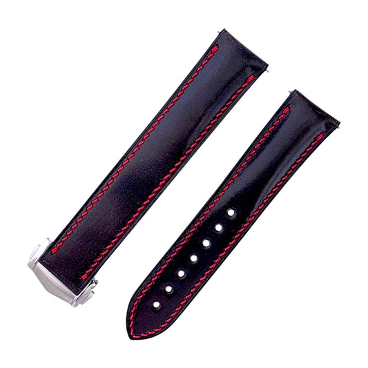 Shell Cordovan Hand Stitched Deployant Leather Strap 20mm Black Red