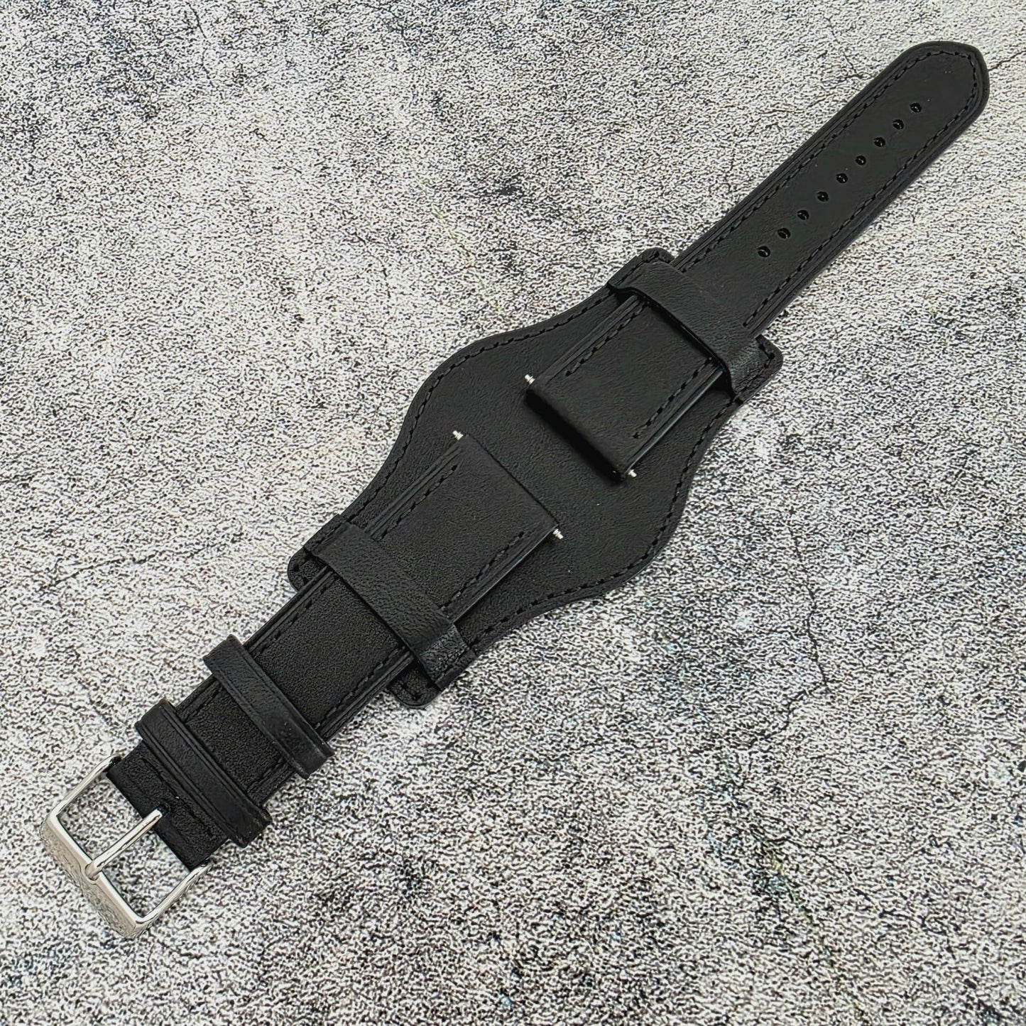 AeroMax Full Grain Leather Bund Watch Strap 20mm 22mm Black - Wrist Envy