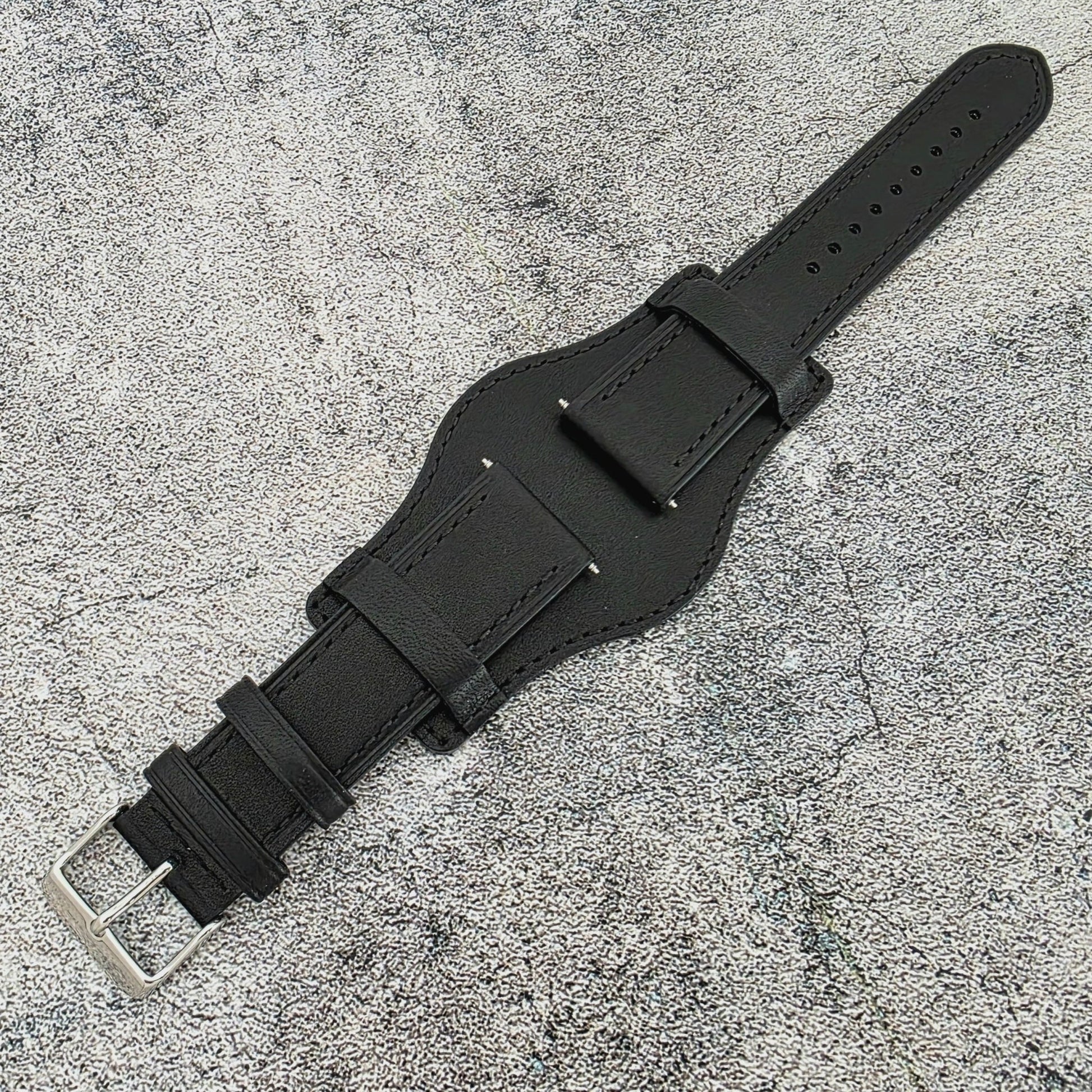 AeroMax Full Grain Leather Bund Watch Strap 20mm 22mm Black - Wrist Envy
