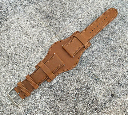 AeroMax Full Grain Leather Bund Watch Strap 20mm 22mm Caramel Brown - Wrist Envy