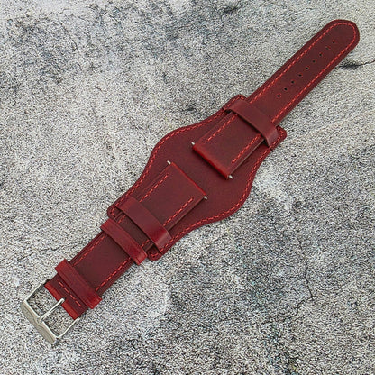 AeroMax Full Grain Leather Bund Watch Strap 20mm 22mm Crimson Red - Wrist Envy