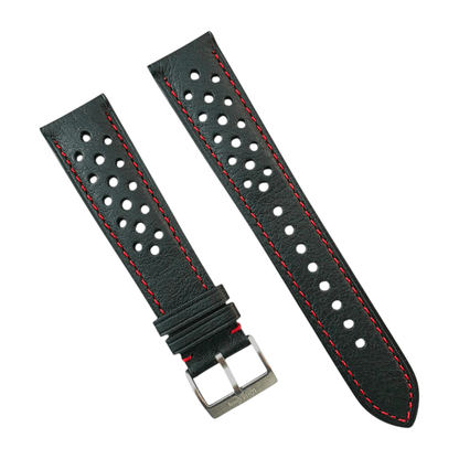Badalassi Carlo Minerva Box Leather Rally Strap 19mm 20mm 21mm 22mm Black Red Stitching - Wrist Envy