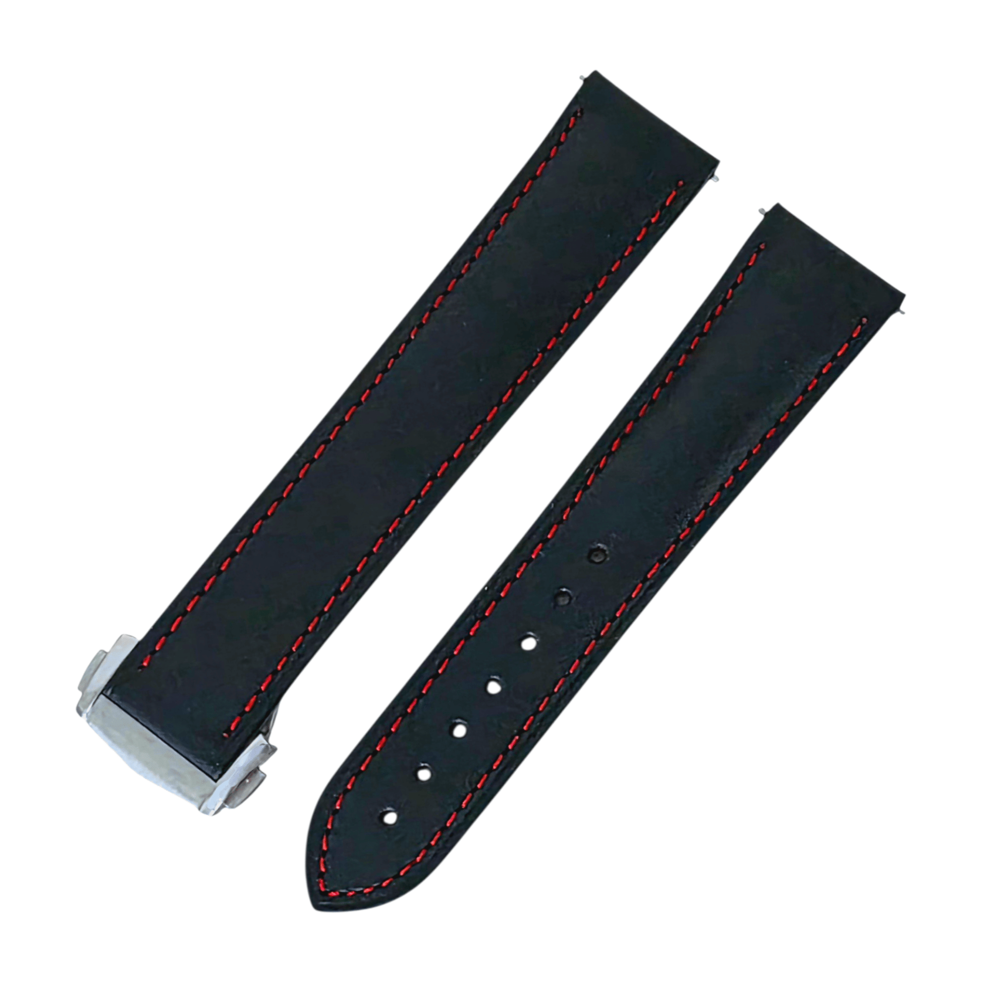 Barenia Leather Deployant Strap 20mm Black Red Stitching - Wrist Envy