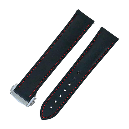 Barenia Leather Deployant Strap 20mm Black Red Stitching - Wrist Envy
