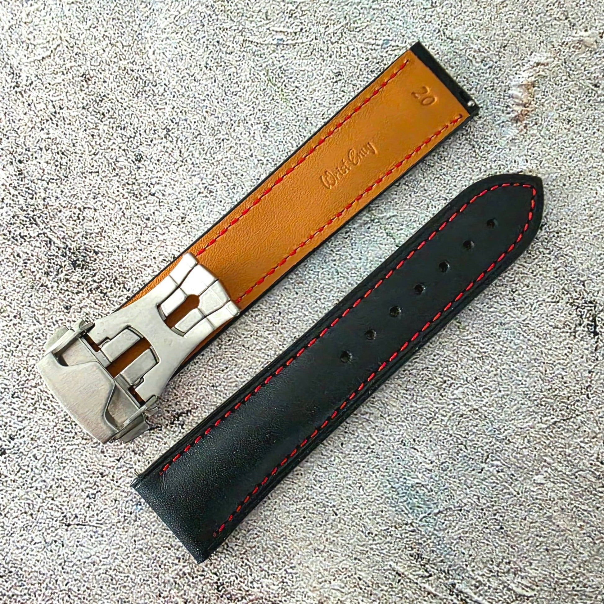 Barenia Leather Deployant Strap - Custom Ready Made - Black Red Stitching - Wrist Envy