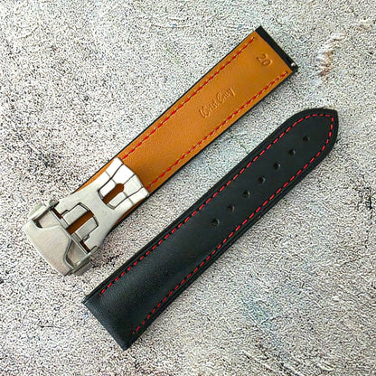 Barenia Leather Deployant Strap - Custom Ready Made - Black Red Stitching - Wrist Envy