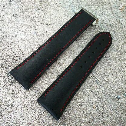 Barenia Leather Deployant Strap - Custom Ready Made - Black Red Stitching - Wrist Envy