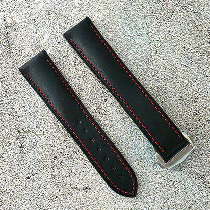 Barenia Leather Deployant Strap - Custom Ready Made - Black Red Stitching - Wrist Envy