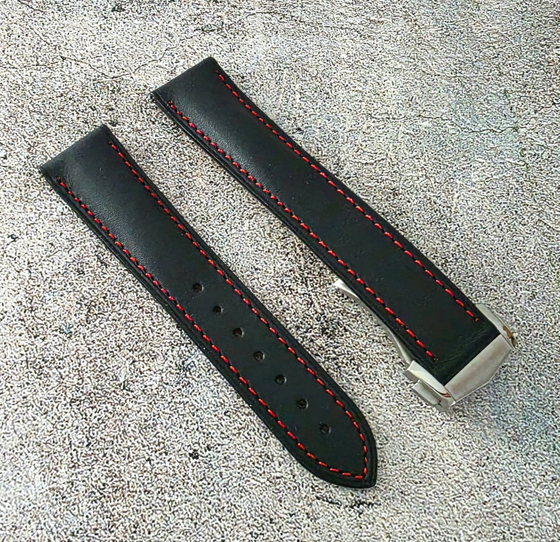 Barenia Leather Deployant Strap - Custom Ready Made - Black Red Stitching - Wrist Envy