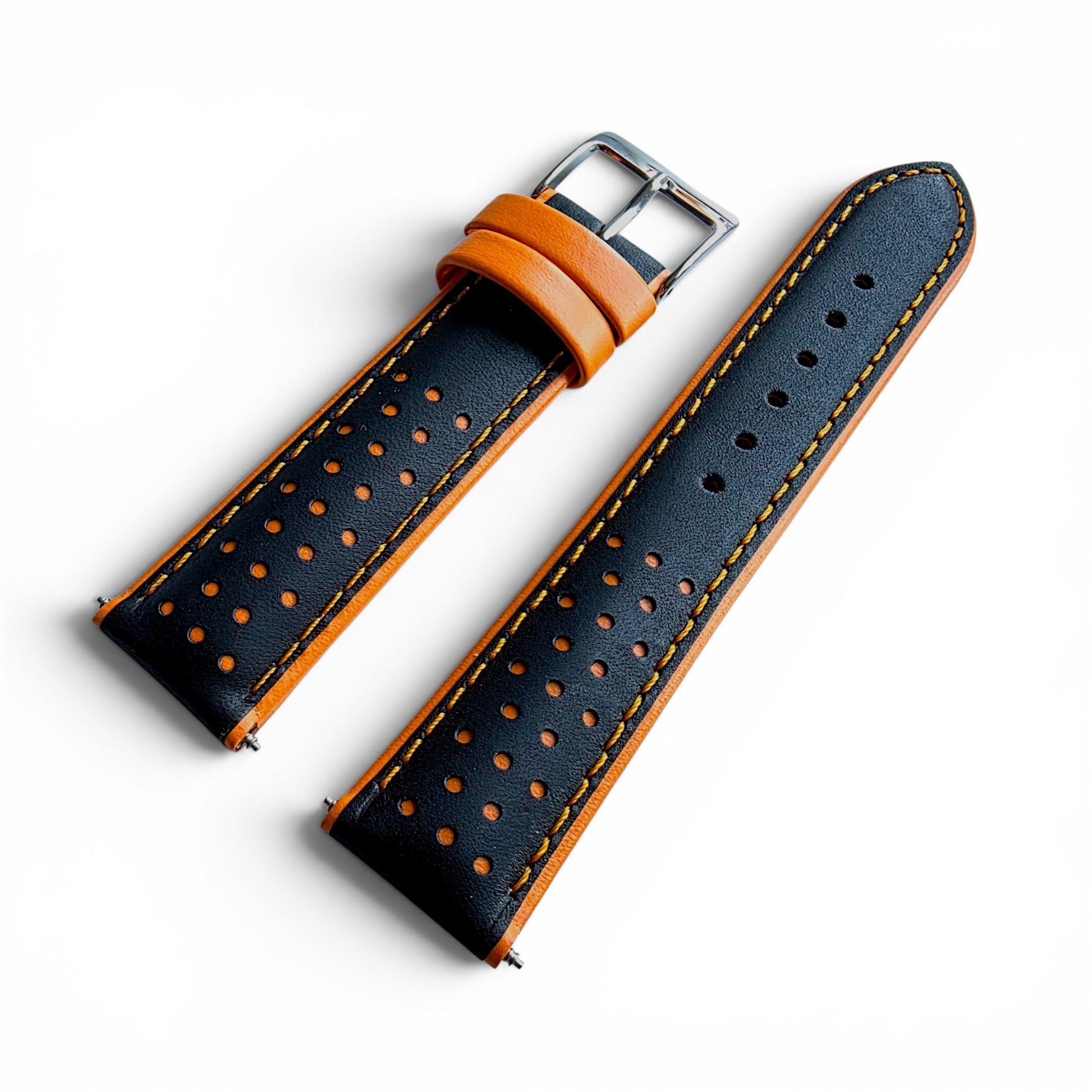 Calfskin Leather Rally Watch Strap 20mm 22mm Black Orange - Wrist Envy