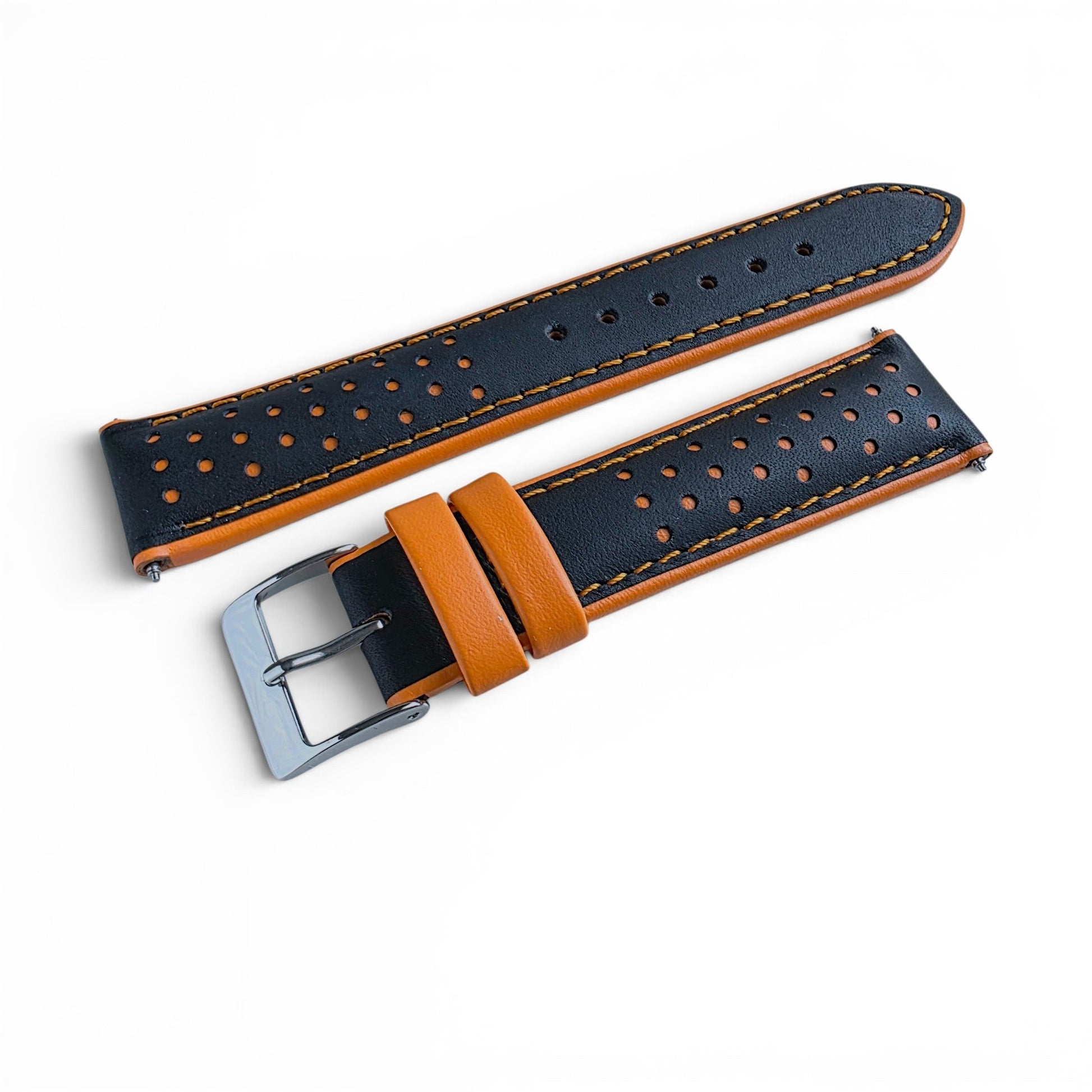 Calfskin Leather Rally Watch Strap 20mm 22mm Black Orange - Wrist Envy