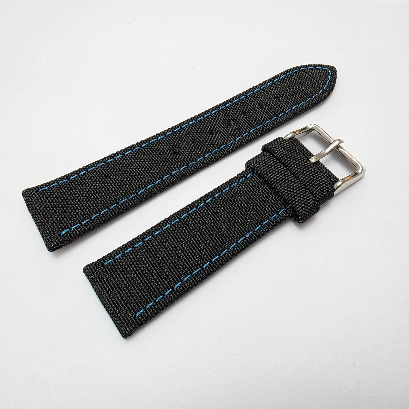 Canvas Watch Strap Band Fabric Sailcloth 22mm Black Blue Stitch - Wrist Envy