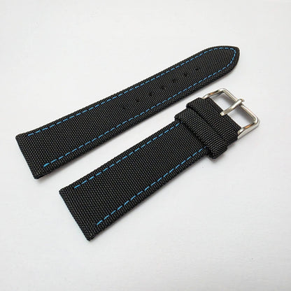 Canvas Watch Strap Band Fabric Sailcloth 22mm Black Blue Stitch - Wrist Envy