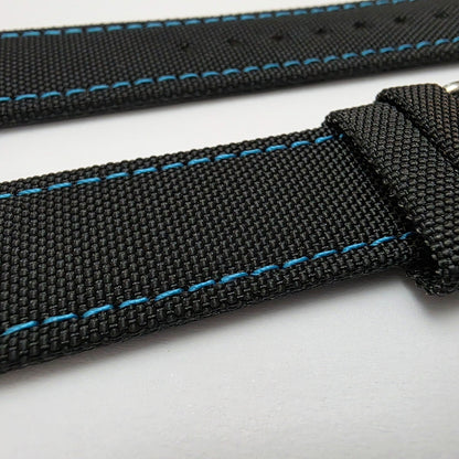 Canvas Watch Strap Band Fabric Sailcloth 22mm Black Blue Stitch - Wrist Envy