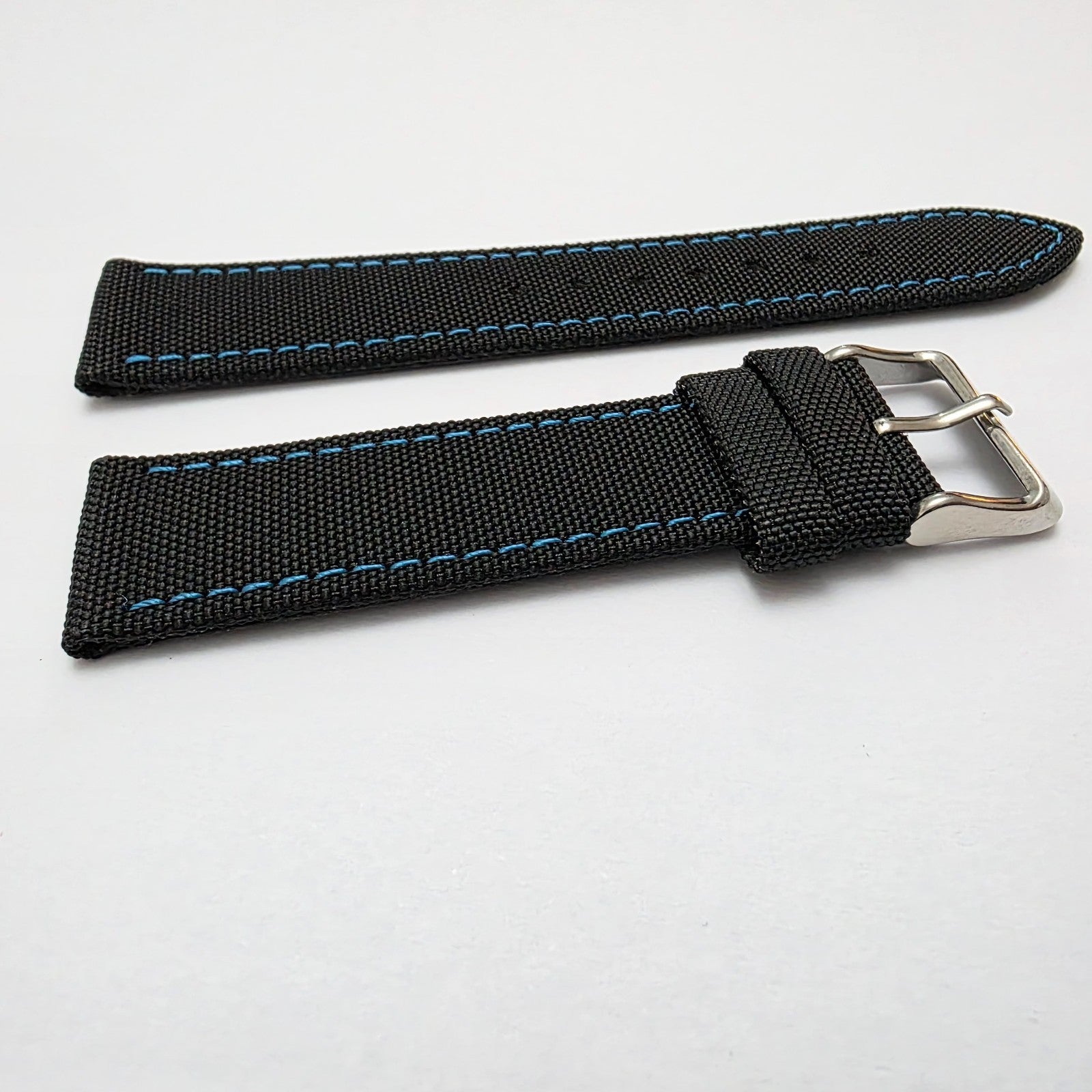Canvas Watch Strap Band Fabric Sailcloth 22mm Black Blue Stitch - Wrist Envy