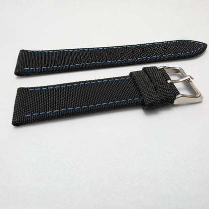 Canvas Watch Strap Band Fabric Sailcloth 22mm Black Blue Stitch - Wrist Envy