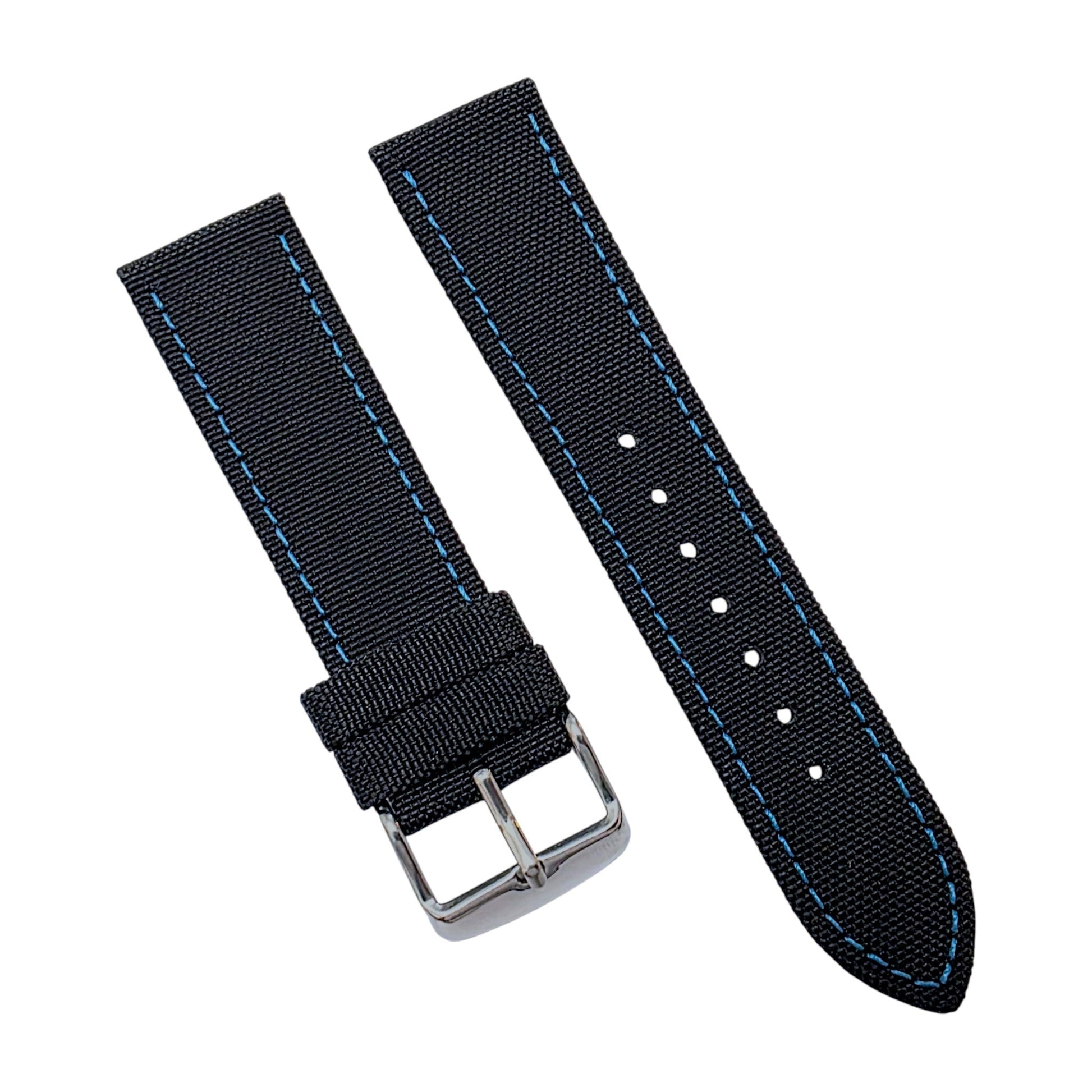 Canvas Watch Strap Band Fabric Sailcloth 22mm Black Blue Stitch - Wrist Envy