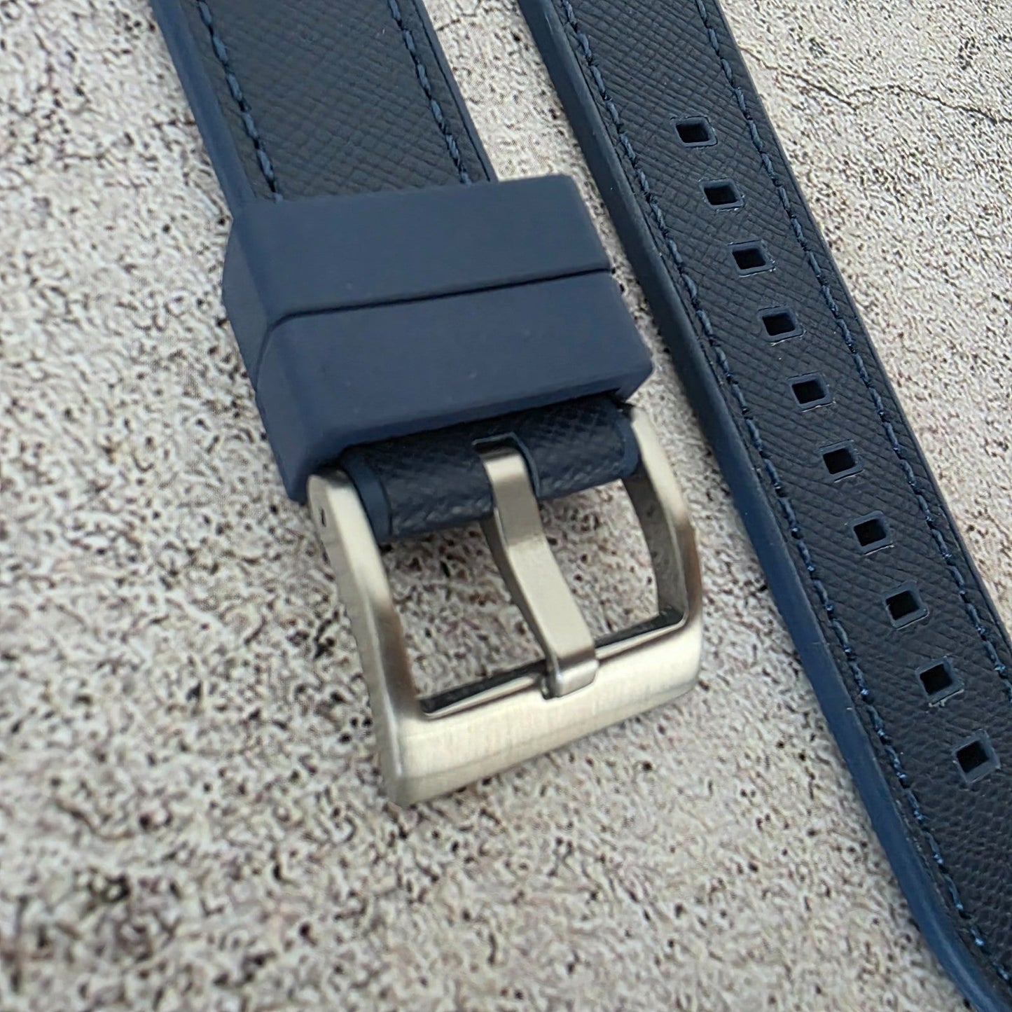 Elite Hybrid FKM Rubber Saffiano Leather Watch Strap Band 20mm Navy Blue - Wrist Envy