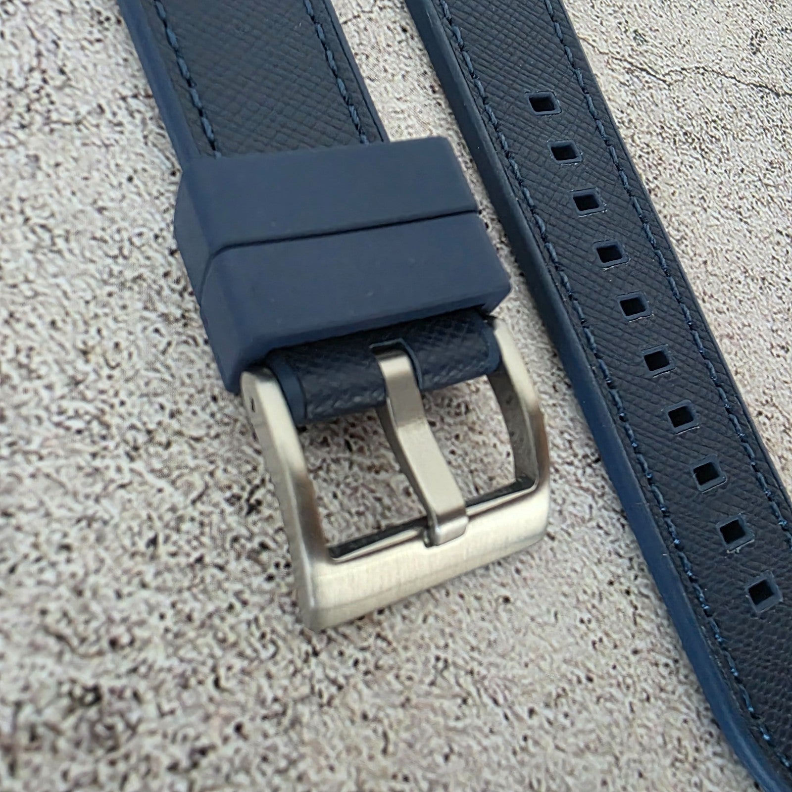 Elite Hybrid FKM Rubber Saffiano Leather Watch Strap Band 20mm Navy Blue - Wrist Envy